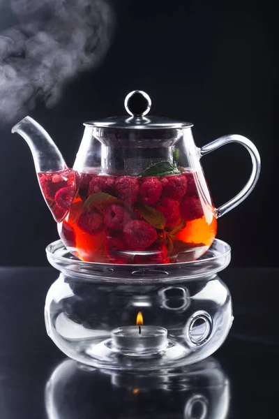 Hot Herbal Fruit Tea Ginger Lemon Berries Mint Transparent Teapot — Stock Photo, Image