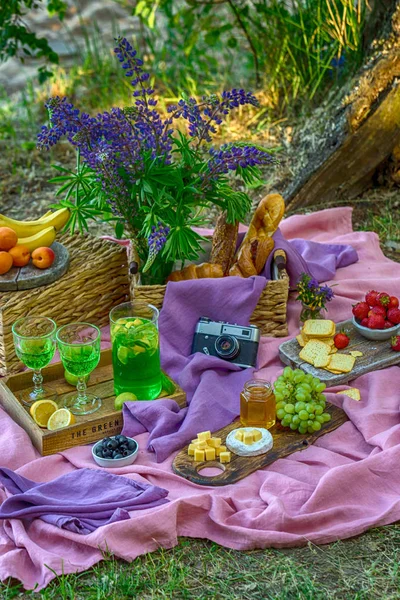Уютный пикник с фруктами и овощами в лесу у реки яркие розовые зеленые цвета — стоковое фото