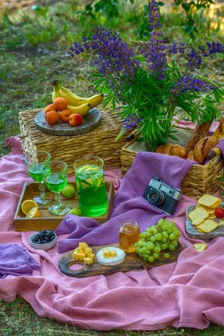 Farklı gıda ile parlak piknik: meyve peynir atıştırmalıklar ve su yakınında çim limonata