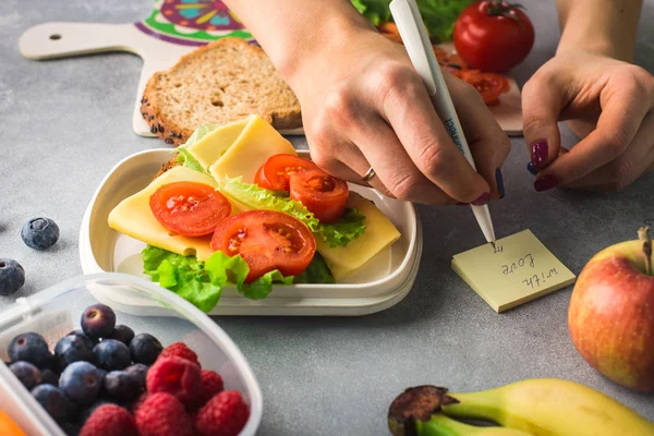 Matka daje zdrowy obiad dla szkoły w godzinach porannych — Zdjęcie stockowe