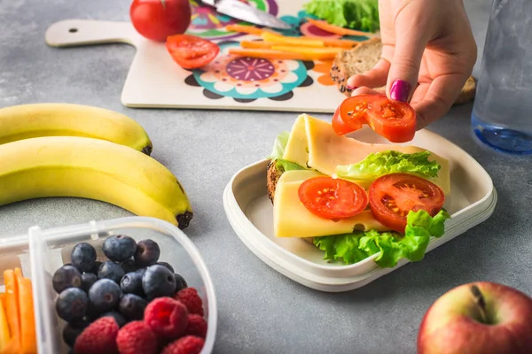 Mother giving healthy lunch for school in the morning — Stock Photo, Image