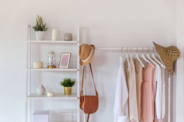 İskandinav tarzı, bir askı ve raflarda iç öğeleri trendy renklerde giyim organik pamuk