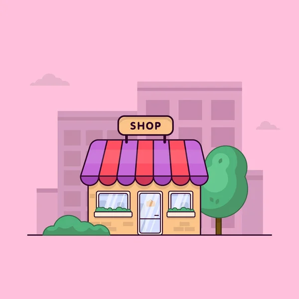 Tienda Colores Rosa Brillante Una Calle Tranquila Una Gran Metrópoli — Vector de stock