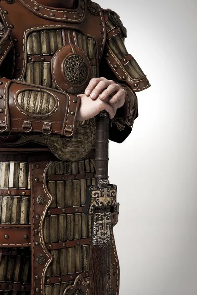 Volwassen Mannetje Het Dragen Van Zeer Oude Armor — Stockfoto