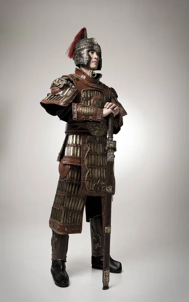 Volwassen Mannetje Het Dragen Van Zeer Oude Armor — Stockfoto