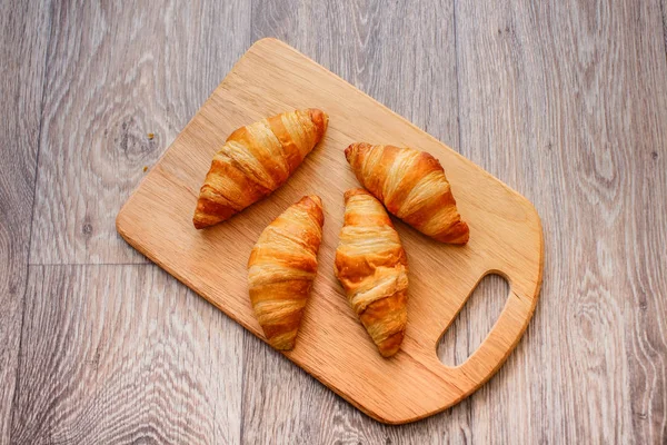 Rich Variety Food Photography Croissant Four Croissants Wooden Light Cutting — Stock Photo, Image