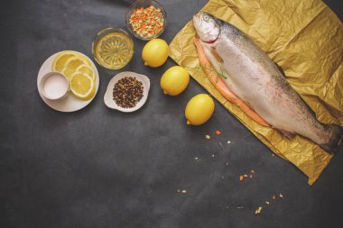 Çiğ balık ile baharat. RAW ağır Kraft kağıt üzerinde gri bir masa üstü limon böyle çiğ balık yağı tuz ile limon dilimleri baharat biber.