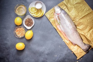 Çiğ balık ile baharat. RAW ağır Kraft kağıt üzerinde gri bir masa üstü limon böyle çiğ balık yağı tuz ile limon dilimleri baharat biber.