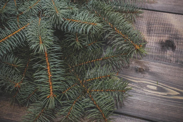 Brindilles Épinette Fraîches Table Bois Gris Planches Sur Lesquelles Sont — Photo