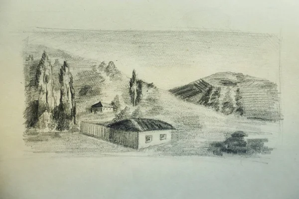 하얀 종이 위에, 산 위에 집 이 있는 남쪽 풍경 — 스톡 사진