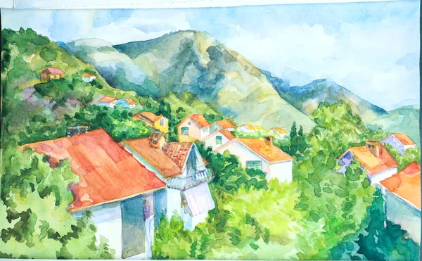 Na bílém papíru je horská krajina malována ručně ve Watu Royalty Free Stock Fotografie