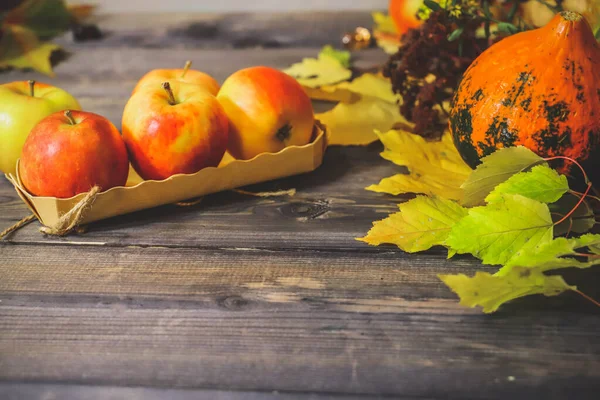 There is an orange pumpkin on a gray wooden tabletop on autumn leaves, three red apples in a wooden box.