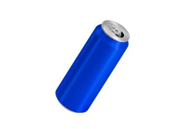Beyaz arkaplanda mavi alüminyum soda kutusu aç