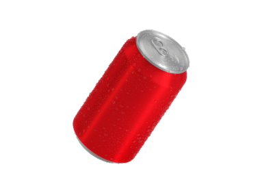 Üst Manzara. Su damlalı kırmızı alüminyum soda kutusu, şeffaf arkaplan