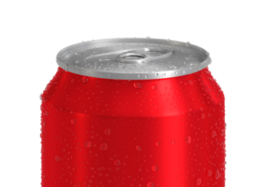 Su damlalı kırmızı alüminyum soda kutusu, şeffaf arkaplan