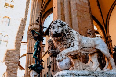 İtalya, Floransa 'daki ünlü Loggia dei Lanzi' de güzel bir aslan heykeli.