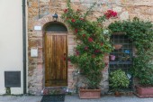 Městská scéna s budovy s dřevěnými dveřmi a zelené rostliny s květy na it, Toskánsko, Itálie