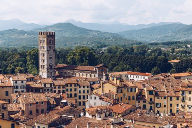 aerial view of roofs of ancient city and mountains, Pisa, Italy  clipart