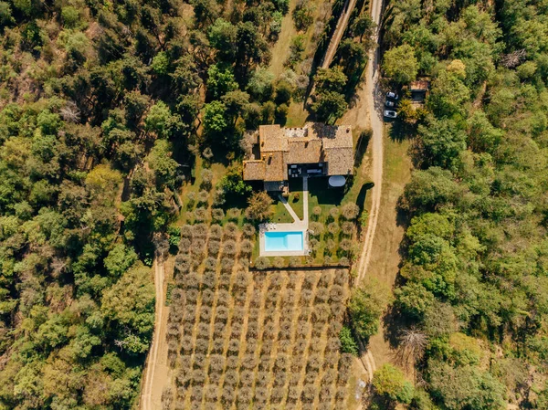 Vue Dessus Villa Avec Piscine Près Des Champs Forêt Italie — Photo gratuite