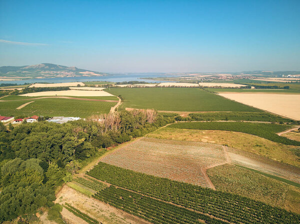 Aerial view of agricultural fields against blue sky, Czech Republic