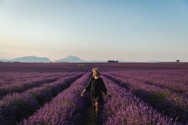 Красивая Молодая Женщина Ходит Между Цветущей Лавандой Цветы Прованс Франция — стоковое фото