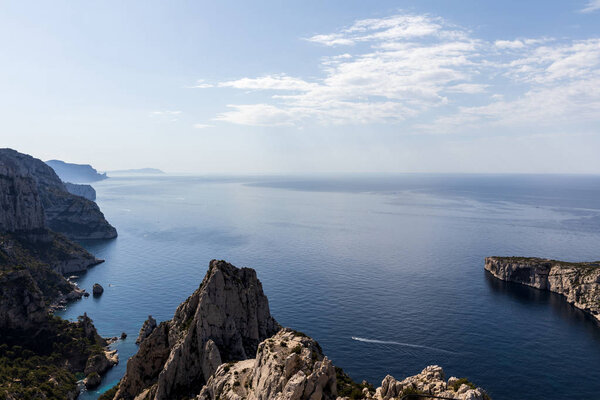aerial view of scenic cliffs and majestic seascape in Calanques de Marseille (Massif des Calanques), provence, france