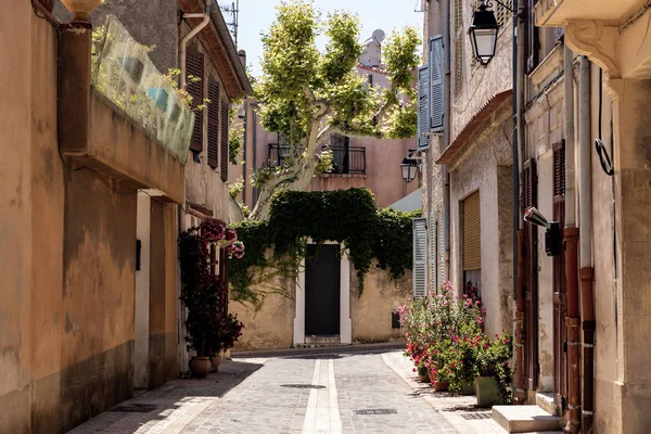 Gezellige Smalle Straat Met Traditionele Huizen Bloeiende Bloemen Potten Provence — Stockfoto