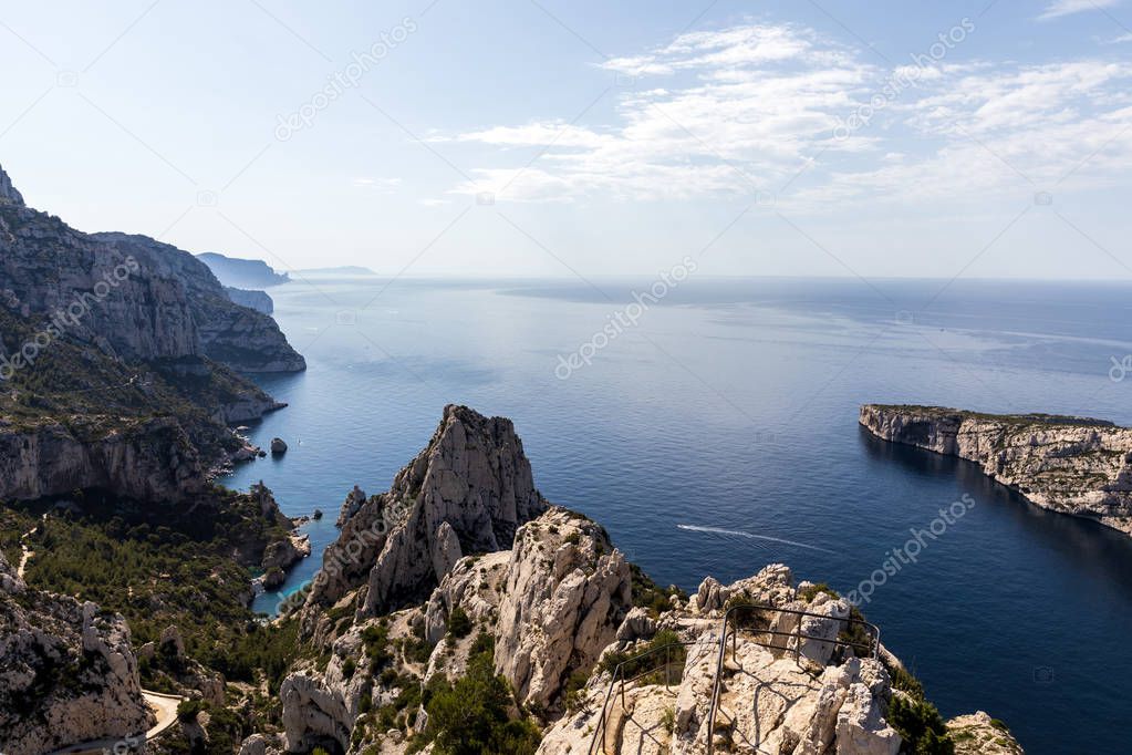 majestic landscape with calm sea and cliffs in Calanque de Sugiton, Marseille, France 