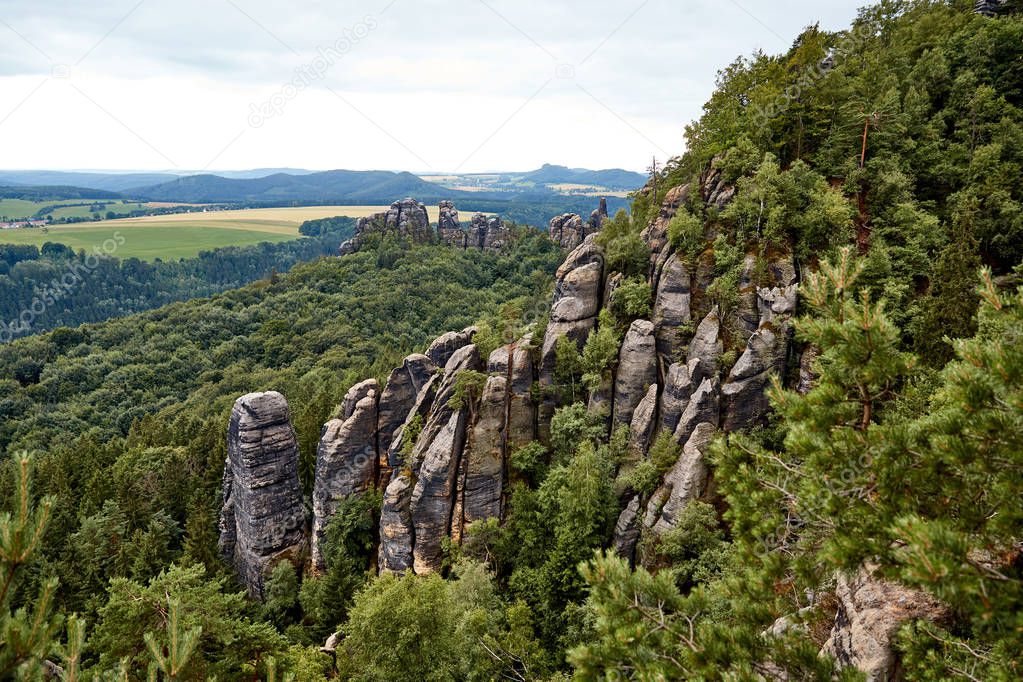 beautiful landscape with old rocks and forest in Bastei, Germany