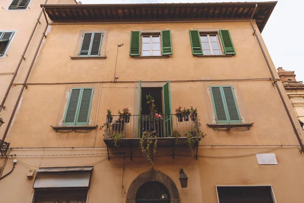 Ein balkon mit pflanzen auf antiken haus mit fenstern, pisa, italien — Stockfoto