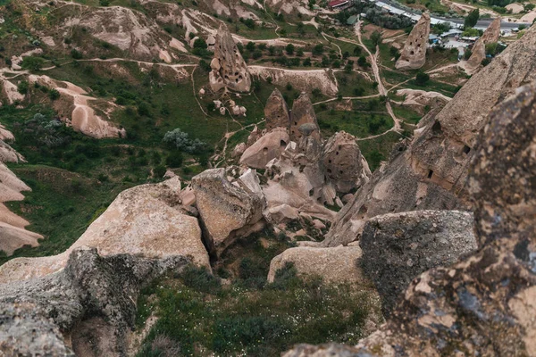 Aerial view of majestic landscape with bizarre rock formations in famous cappadocia, turkey — Stock Photo
