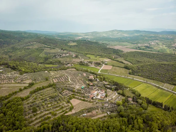 Vista aerea di campi e colline con alberi in provincia di arezzo, Italia — Foto stock