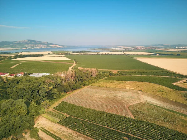 Veduta aerea dei campi agricoli contro il cielo blu, Repubblica Ceca — Foto stock