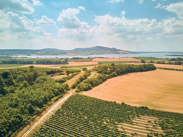 Aerial view of fields, river and mountains, Czech Republic — Stock Photo