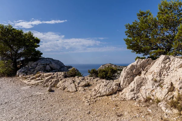 Rocas, árboles verdes y vistas panorámicas al mar en Calanques de Marsella (Massif des Calanques), provence, france - foto de stock