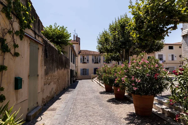 Hermosa y acogedora calle estrecha con casas tradicionales, árboles verdes y flores en flor en macetas, provence, francia - foto de stock