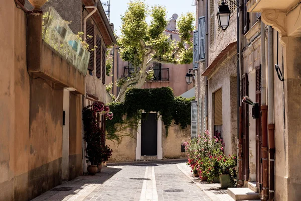 Acogedora calle estrecha con casas tradicionales y flores en flor en macetas, provence, francia - foto de stock