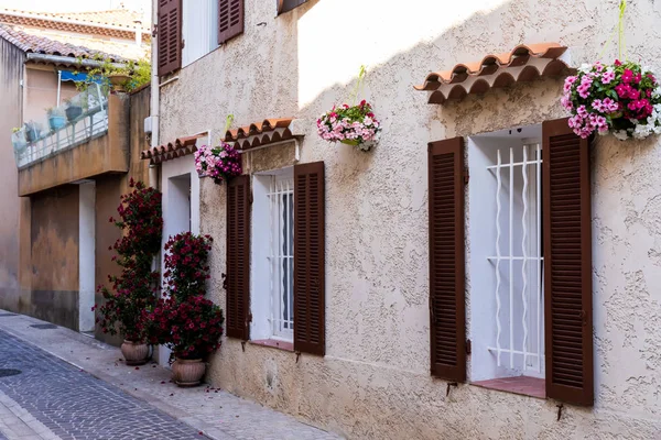 Rue étroite confortable avec maisons traditionnelles, pots de fleurs et volets en provence, france — Photo de stock