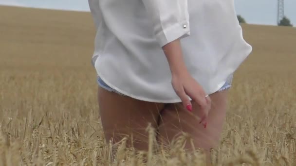 Женщина с красными ногтями возвращается к зрителю в поле — стоковое видео