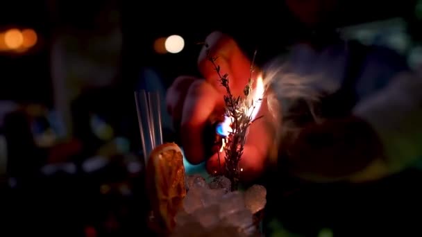 The barman prepares a cocktail and sets it on fire — Stock Video