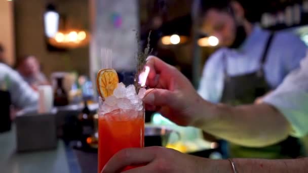 Le barman prépare un cocktail et le met le feu — Video