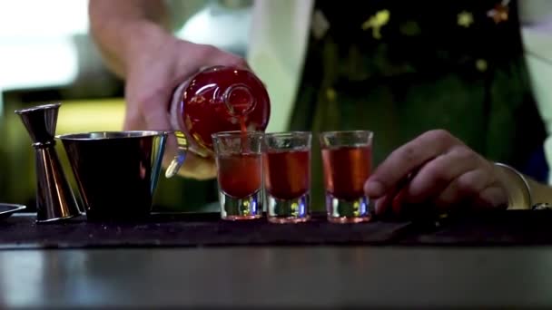 Barkeeper schenkt an der Bar ein Mixgetränk ein. Trinkgläser in Großaufnahme. — Stockvideo