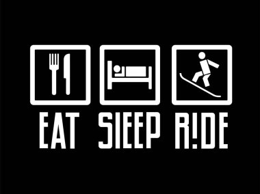 Yemek, uyku, binmek. Snowboard Inspirational kelime ve etiket şablon. Logo, vektör çizim, amblem tasarımı beyaz veya siyah arka plan üzerinde yazı. Eps10