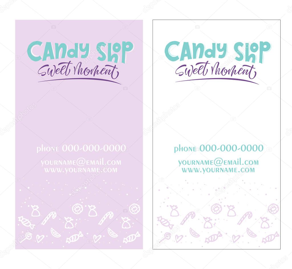 Candy shop - lettering logo label or emblem, business card template for your design in hand drawn style. Vector illustration, EPS 10.