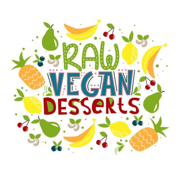 Çiğ vegan tatlı. Vektör yazı, kaligrafi, eco, bio, taze, vegan, ham, samimi, organik resmi stil kroki, serbest el çekilmiş etiket tasarım şeker. EPS 10