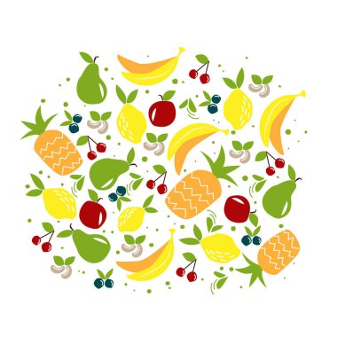 Meyve ve fındık desen. Vektör kroki tarzı çizim eco, bio, taze, vegan, ham, samimi, organik, şeker serbest el çekilmiş. EPS 10