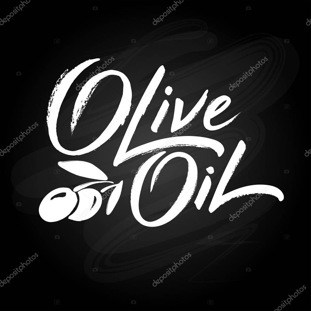 Olive oil - hand written lettering logo with olive branch. Label, badge or emblem, isolated on black background. Vector illustration.