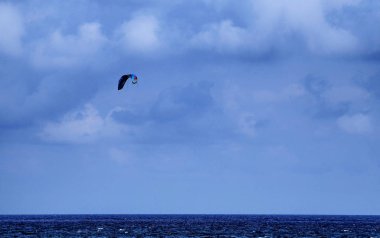 Albenga, Liguria, İtalya. Temmuz 2018. Kitesurfing Albenga deniz üzerinde mavi gökyüzü parlak renkli yelken canlandırmak. Su yüzeyinde yelken sallamaları panoları yollar.