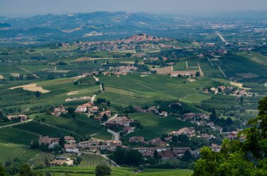 La Morra, Cuneo eyaletinde, Piedmont, İtalya. 15 Temmuz 2018. Langhe topraklarında La Morra alan tipik üzüm bağları üzerinde büyüleyici bir gözcü verir bir tepenin üstüne bir köydür.