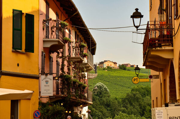 Barolo, province of Cuneo, Piedmont, Italy. July 2018. The alleys of the old town are very typical, pretty and colorful, they have a wide choice of restaurants and wineries.